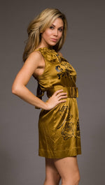 Hale Bob Foil Stamped Stretch Silk Belted Dress Gold