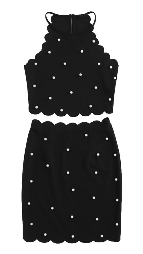 The Sarah Pearl Bead Scalloped Halter Crop Top Black ShopAA Skirt Set