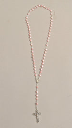 Pink Mother of Pearl Heart Bead Silver Rosary Necklace