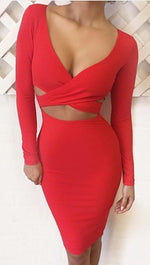 The Nadia Long Sleeve Cut Out Midi Dress Red - Pencil Skirt - V Neck