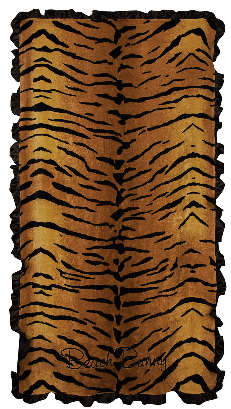 Beach Bunny Swimwear Tiger Print Animal Towel Black Satin Ruffle ShopAA