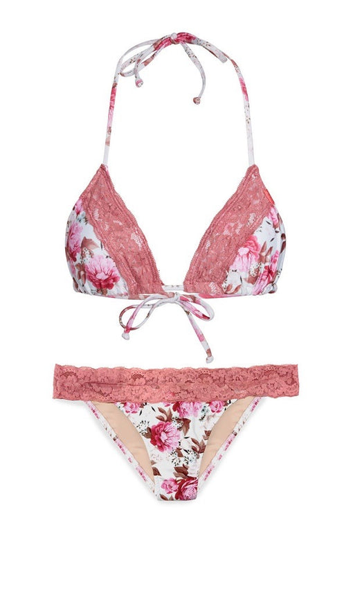 Ivory Pink Floral Print Mauve Lace Trim Bikini Chynna Dolls Swimwear