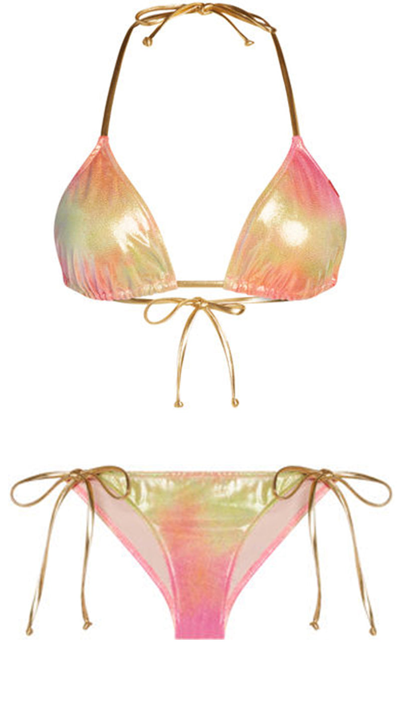 chynna dolls swimwear sunset tie dye shimmer bikini triangle scrunch bun set metallic gold contrast trim string ties