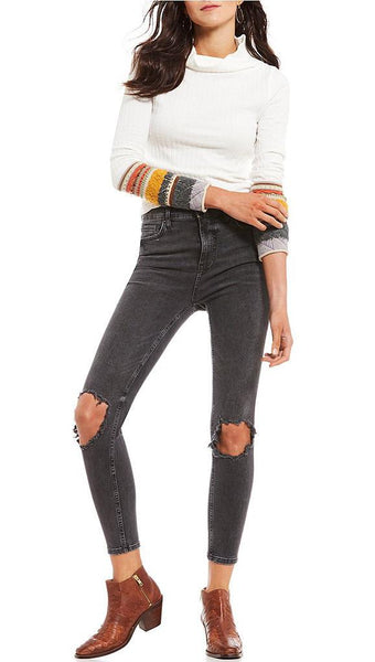 Free People High Rise Busted Skinny Denim Jeans Charcoal Black