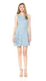 J.O.A. Open Back Scallop Lace Fit Flare Mini Dress Dusty Shale Blue Sleeveless Floral ShopAA 