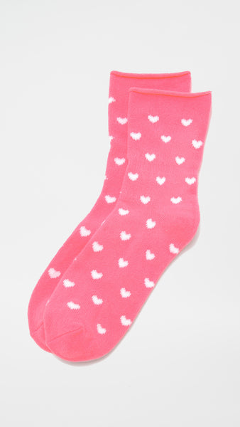 Plush Fleece Rolled Ankle Socks White Heart Print Red