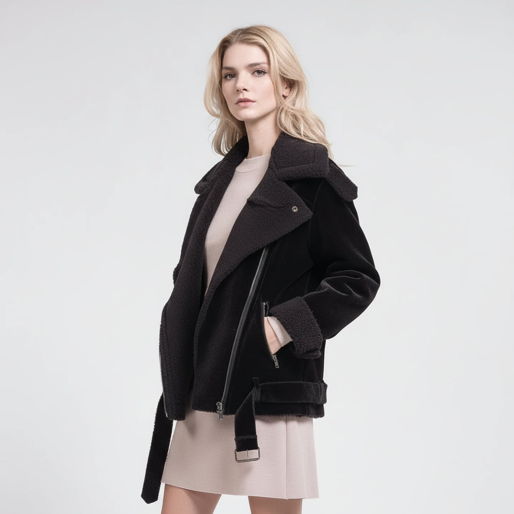 JOA Velour Shearling Moto Biker Jacket Black over beige drress