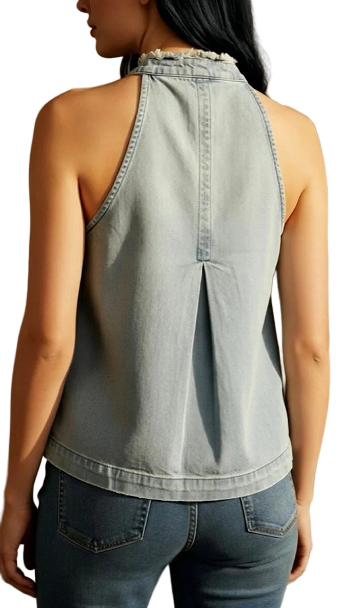 bella dahl fray mock neck crop clearwater wash denim sleeveless 