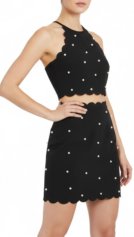 white Pearl Bead Scallop Edge Fitted Mini Skirt Black ShopAA