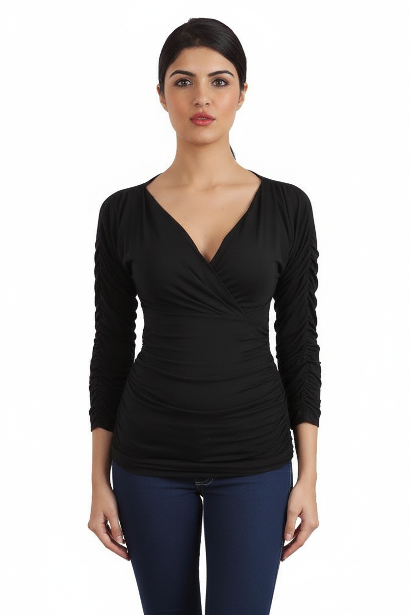 Tart Collection Emma Rouched Vneck Top in Black