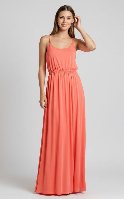 Elastic Waist Solid Maxi Tank Dress in Coral
