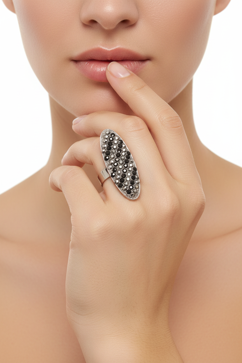 Funky Girl Bling Jewelry Oval Stripe Rhinestone Crystal Adjustable Statement Ring 