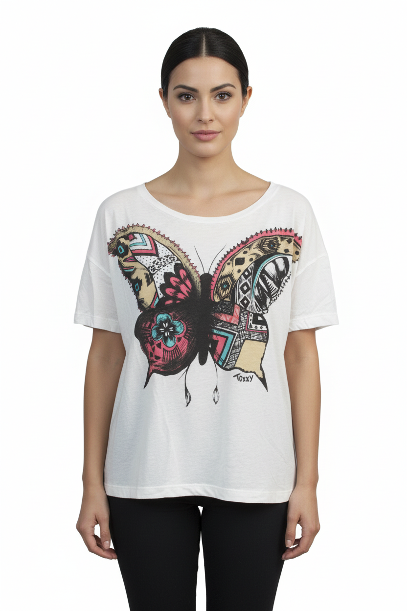 Toxxy Butterfly Short Sleeve Tee in Ivory - Clear View