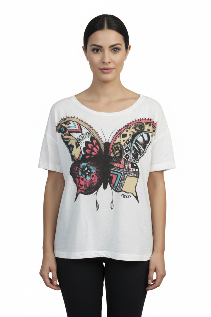 Toxxy Butterfly Short Sleeve Tee in Ivory - Clear View