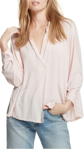 Free People Can't Fool Me Collar V Neck Tee Blouse Soft Peach Pink