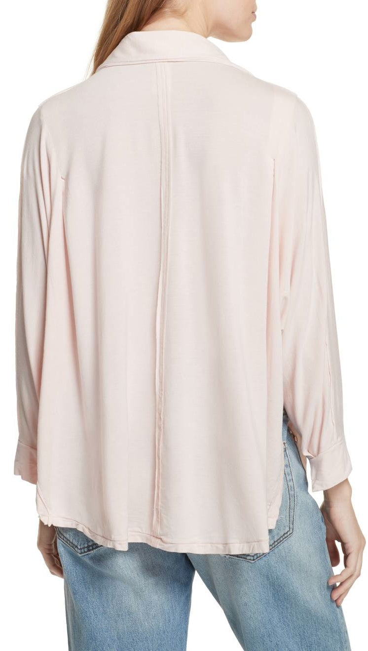 Free People Can't Fool Me Collar V Neck Tee Blouse Soft Peach Pink
