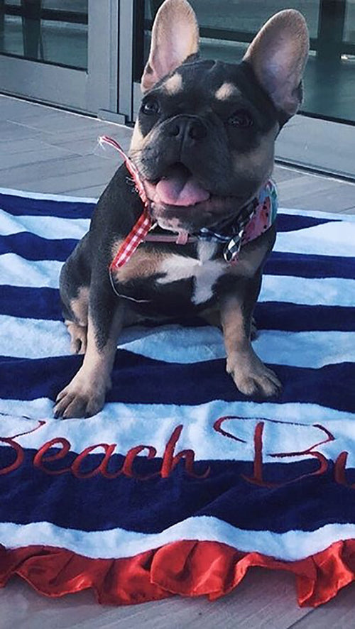 Navy White Stripe Beach Towel by Beach Bunny Swimwear Red Satin Ruffle Trim