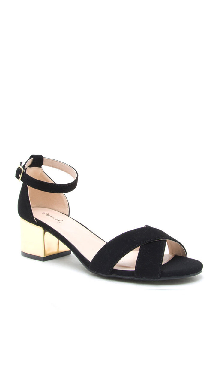 Criss Cross Black Suede Open Toe Sandals Gold Block Heel Ankle Strap Leather Shoes
