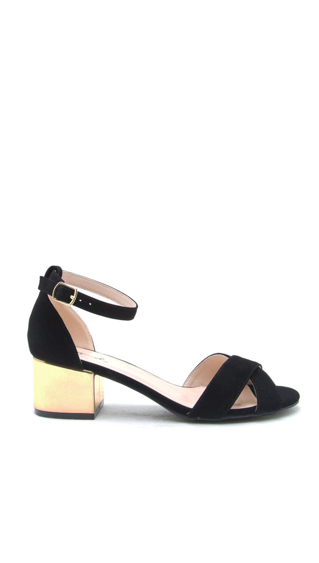 Criss Cross Black Suede Open Toe Sandals Gold Block Heel Ankle Strap Leather Shoes