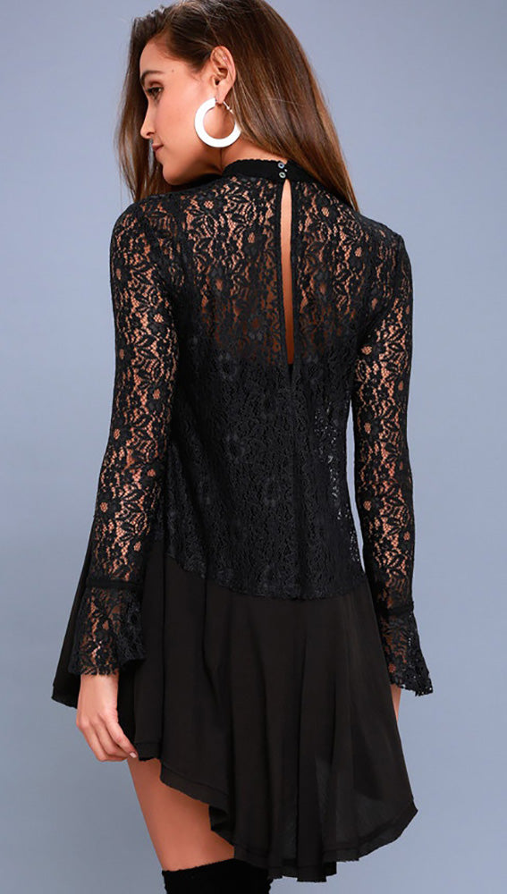 Free People New Tell Tale Lace Tunic Black Long Flounce Sleeve ShopAA