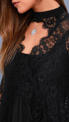 Free People New Tell Tale Black Lace Tunic High Mock Neck Keyhole V Cut Out Gothic