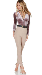 Victorian Velvet Cut Out Bodysuit Mauve Long Sleeve Deep V Buttons Pink