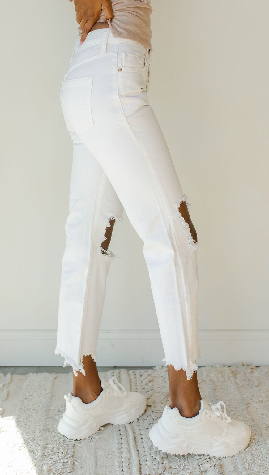 Free People Maggie Mid Rise Straight Leg Distressed Ripped White
