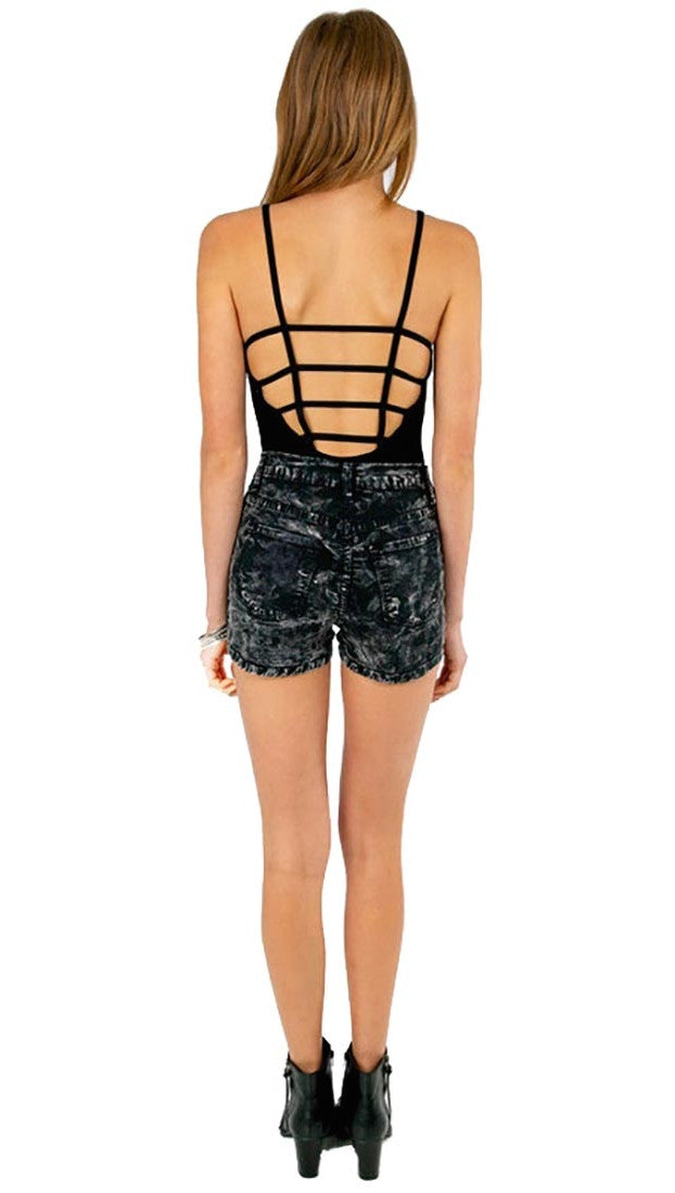 Stacey Caged Open Back Cut Out Bodysuit Black