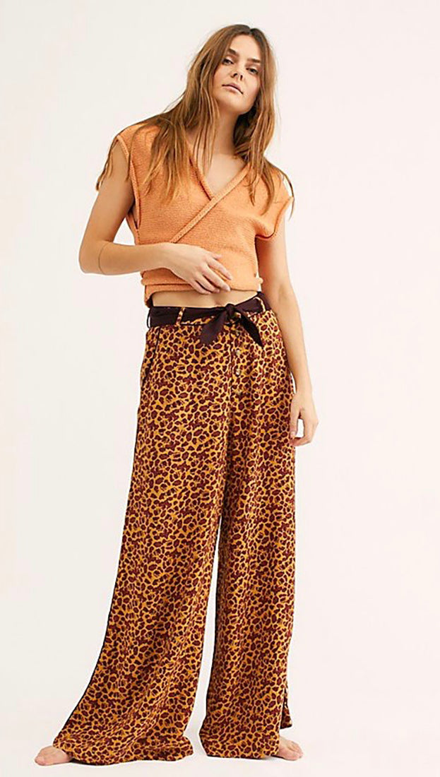 Free People Bennie Pants Leopard Wide Leg High Waist Bohemian | ShopAA