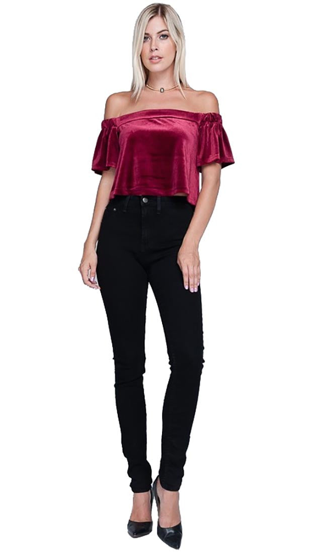 Harem Girl Velvet Off Shoulder Crop Top Wine Red - Holidy Night Out Blouse