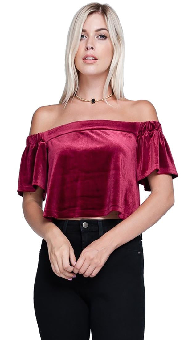 Harem Girl Velvet Off Shoulder Crop Top Wine Red - Holidy Night Out Blouse