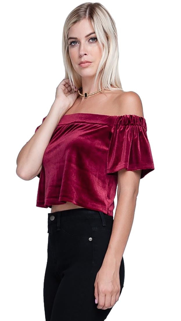 Harem Girl Velvet Off Shoulder Crop Top Wine Red - Holidy Night Out Blouse