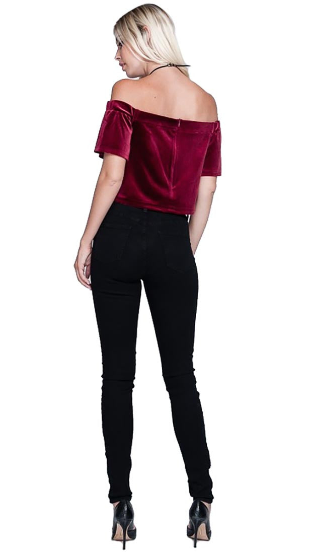 Harem Girl Velvet Off Shoulder Crop Top Wine Red - Holidy Night Out Blouse