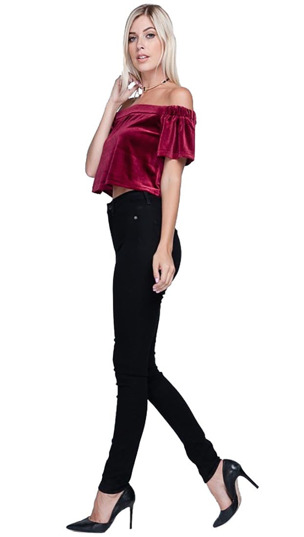 Harem Girl Velvet Off Shoulder Crop Top Wine Red - Holidy Night Out Blouse