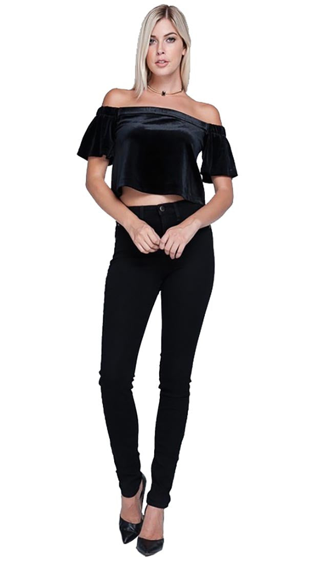 Harem Girl Velvet Off Shoulder Crop Top Black