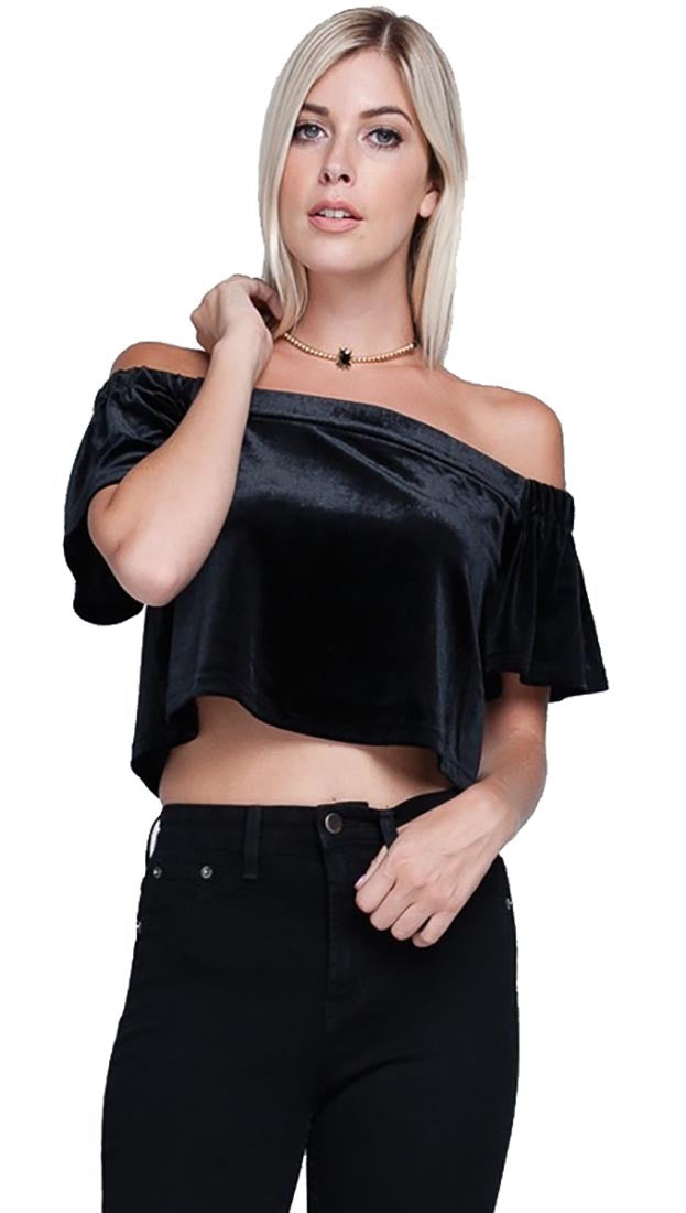 Harem Girl Velvet Off Shoulder Crop Top Black