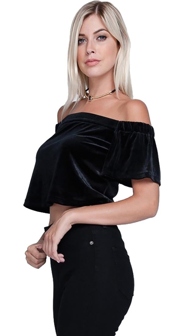 Harem Girl Velvet Off Shoulder Crop Top Black