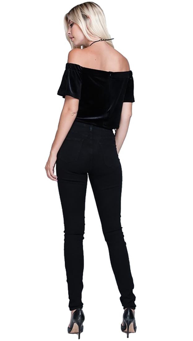 Harem Girl Velvet Off Shoulder Crop Top Black
