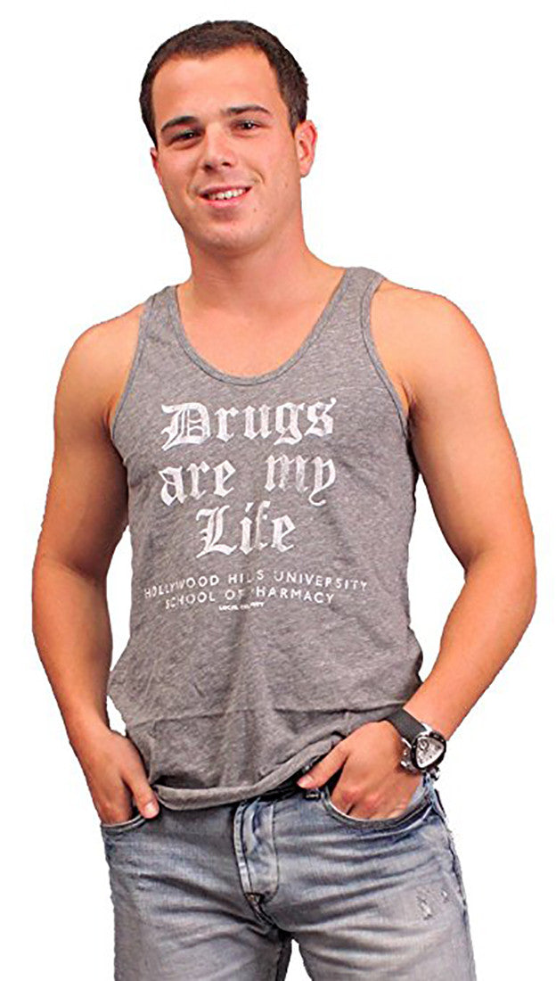 Local Celebrity Mens Drugs Are My Life Sleeveless Tank Top in Heather Grey