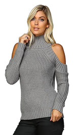 Cold Shoulder Mock Turtleneck Sweater Grey
