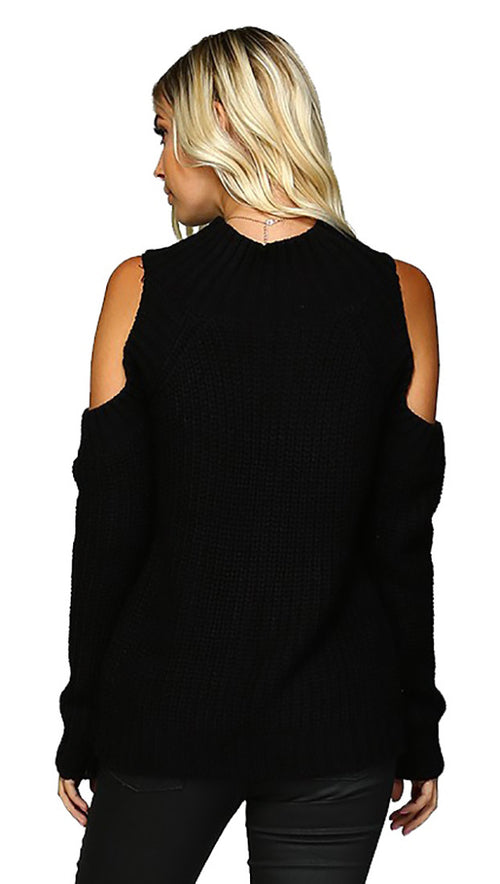 Cold Shoulder Mock Turtleneck Sweater Black