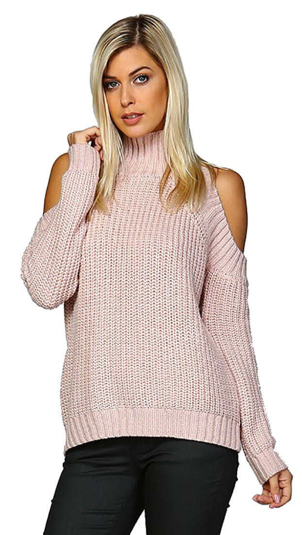 Cold Shoulder Mock Turtleneck Long Sleeve Sweater Pink Mauve