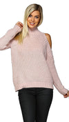 Cold Shoulder Mock Turtleneck Long Sleeve Sweater Pink Mauve
