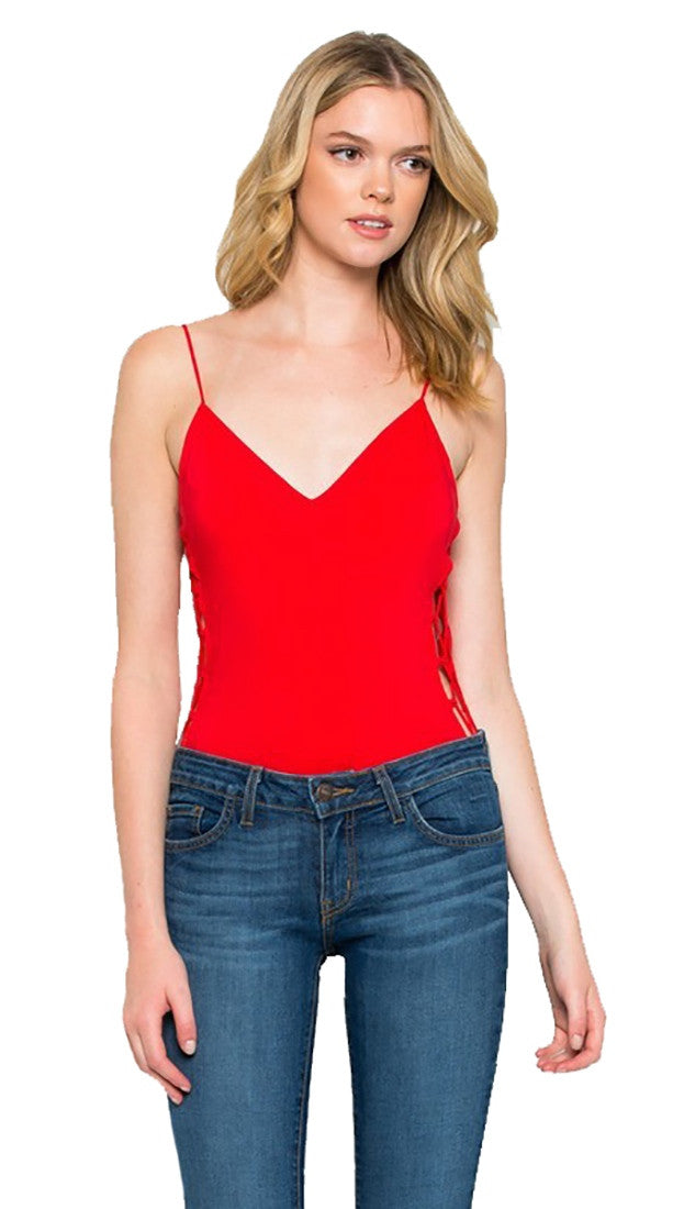 Sleeveless Side Lace Up Tie Detail Tank Bodysuit Red by Cloudwalk