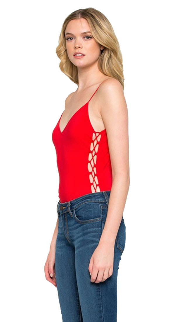 Sleeveless Side Lace Up Tie Detail Tank Bodysuit Red by Cloudwalk