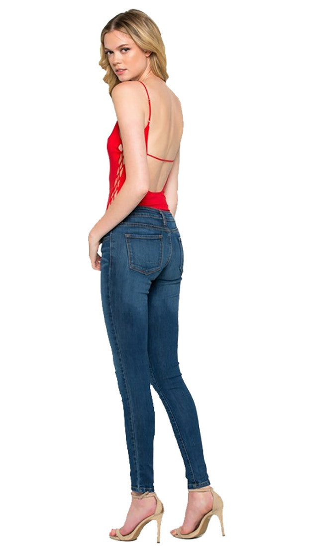 Sleeveless Side Lace Up Tie Detail Tank Bodysuit Red by Cloudwalk