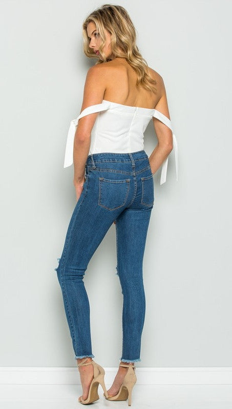 Tie Up Sleeve Deep V Neck Bustier Strapless Bodysuit White l ShopAA