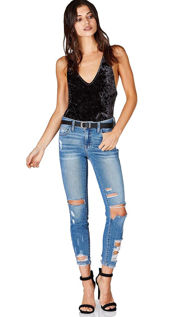 Crushed Velvet Open Back V Neck Tank Bodysuit Black