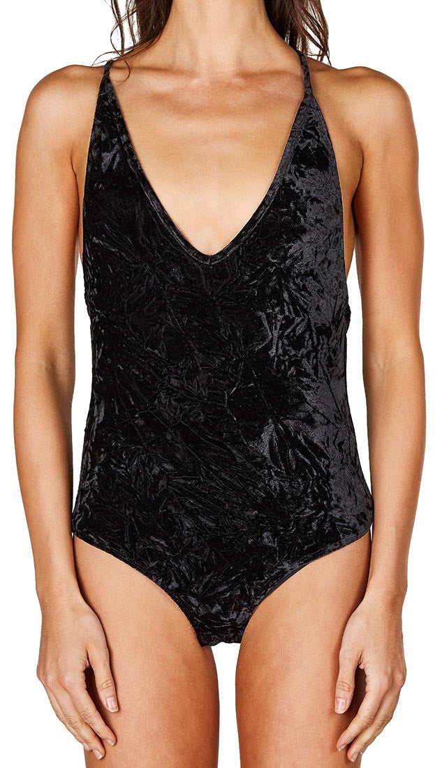Crushed Velvet Open Back V Neck Tank Bodysuit Black