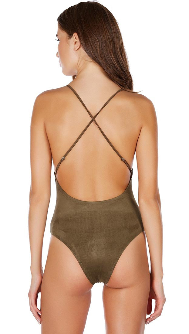 Suede Open Back Criss Cross Deep V Vegan Bodysuit Olive Green